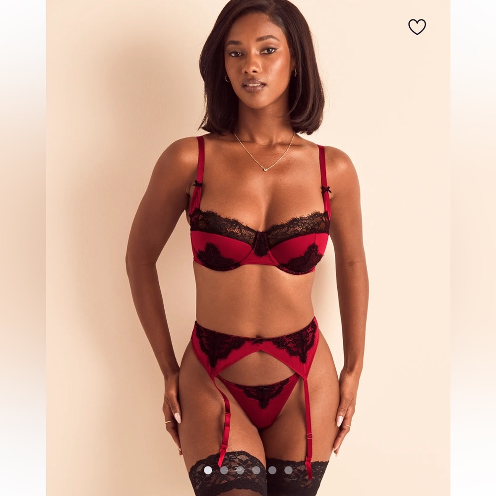 Adore Me Red and Black Lace Bra, panty, and garter